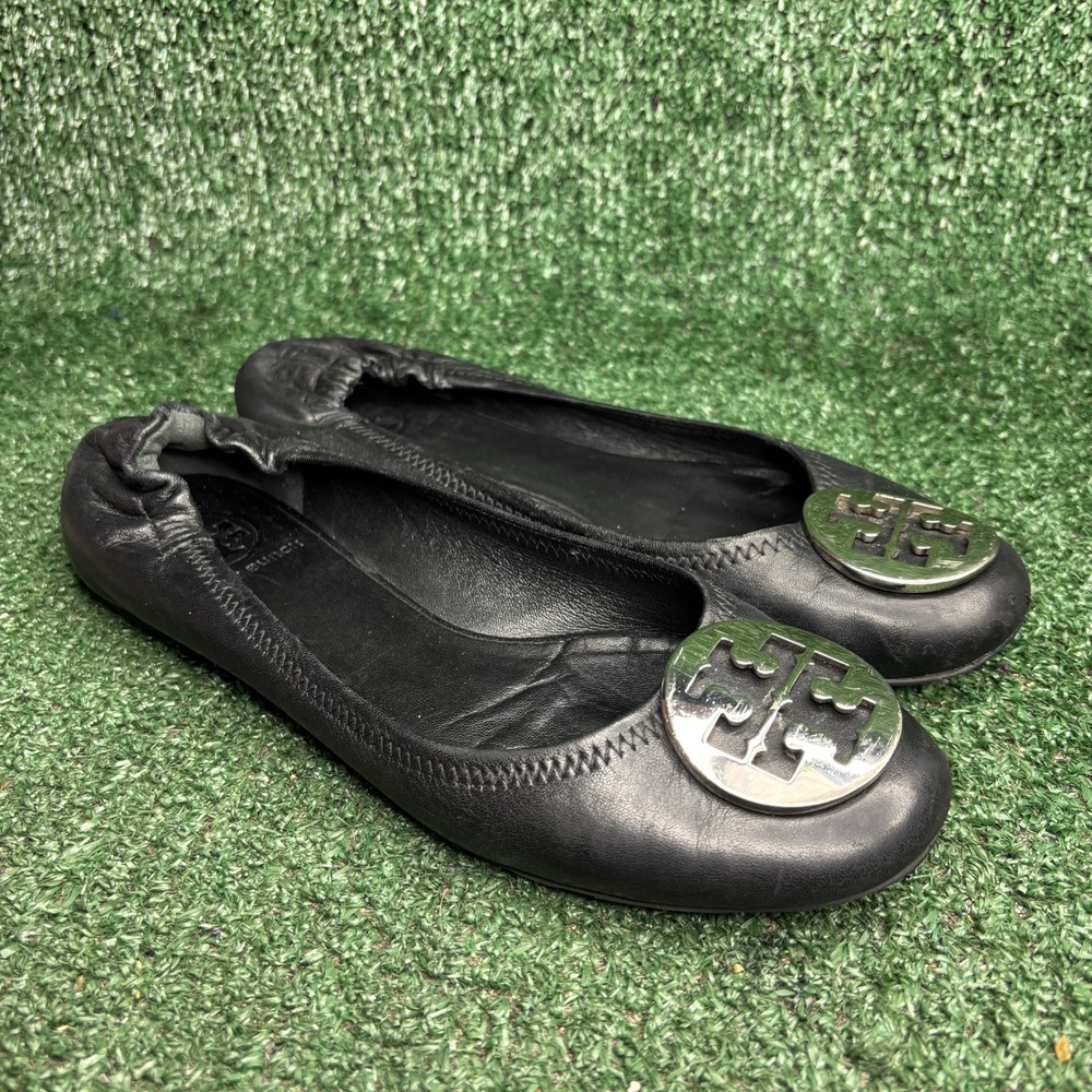 Tory Burch Reva Medallion Logo Elastic Leather Ballet Flats Black Womens Sz 7.5‎